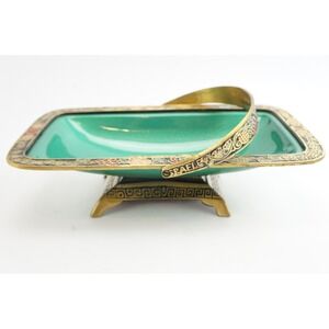 MCM Vintage Israel Enamel Brass Footed Fruit Basket Green Bowl Swing Handle Good
